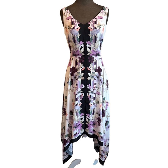 White House Black Market Dresses & Skirts - White House Black Market Floral Handkerchief Hem Midi Dress Purple White Size 4